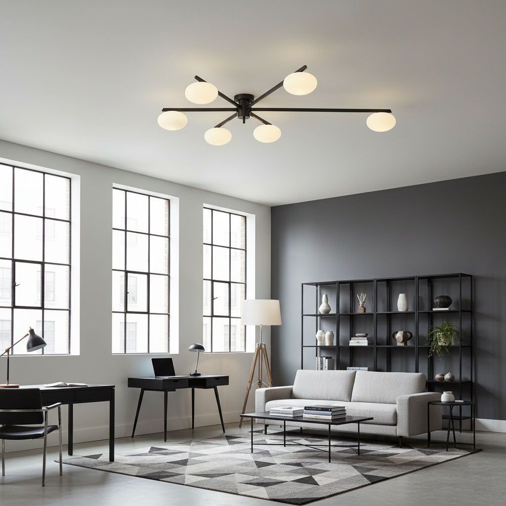 Ceiling Lamp 33.5 in White Glass LED Indoor Modern Minimalist Light Fixture | Black Arms Adjustable Dining Living Room Kitchen Pendant | Thomler