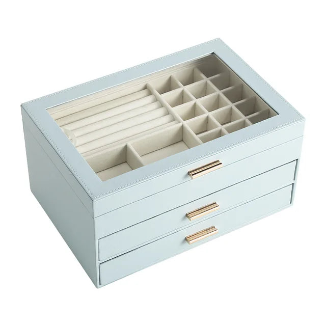 Multi-Tier Jewelry Organizer Box with Magnetic Glass Lid & Drawers for Rings, Necklaces, Earrings & Watches | Thomler
