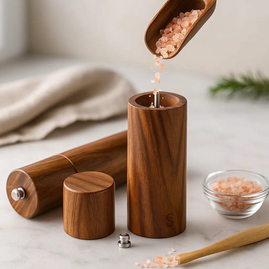 Dual Mill Condiment Grinder Stand with Wooden Finish for Countertop Storage & Fresh Spice Dispensing | Thomler