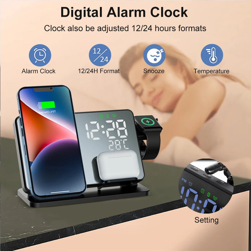 Wireless Charging Station for iPhone, Apple Watch & AirPods with Alarm Clock | 3-in-1 Fast Charging Dock Station | Qi-Certified | Thomler