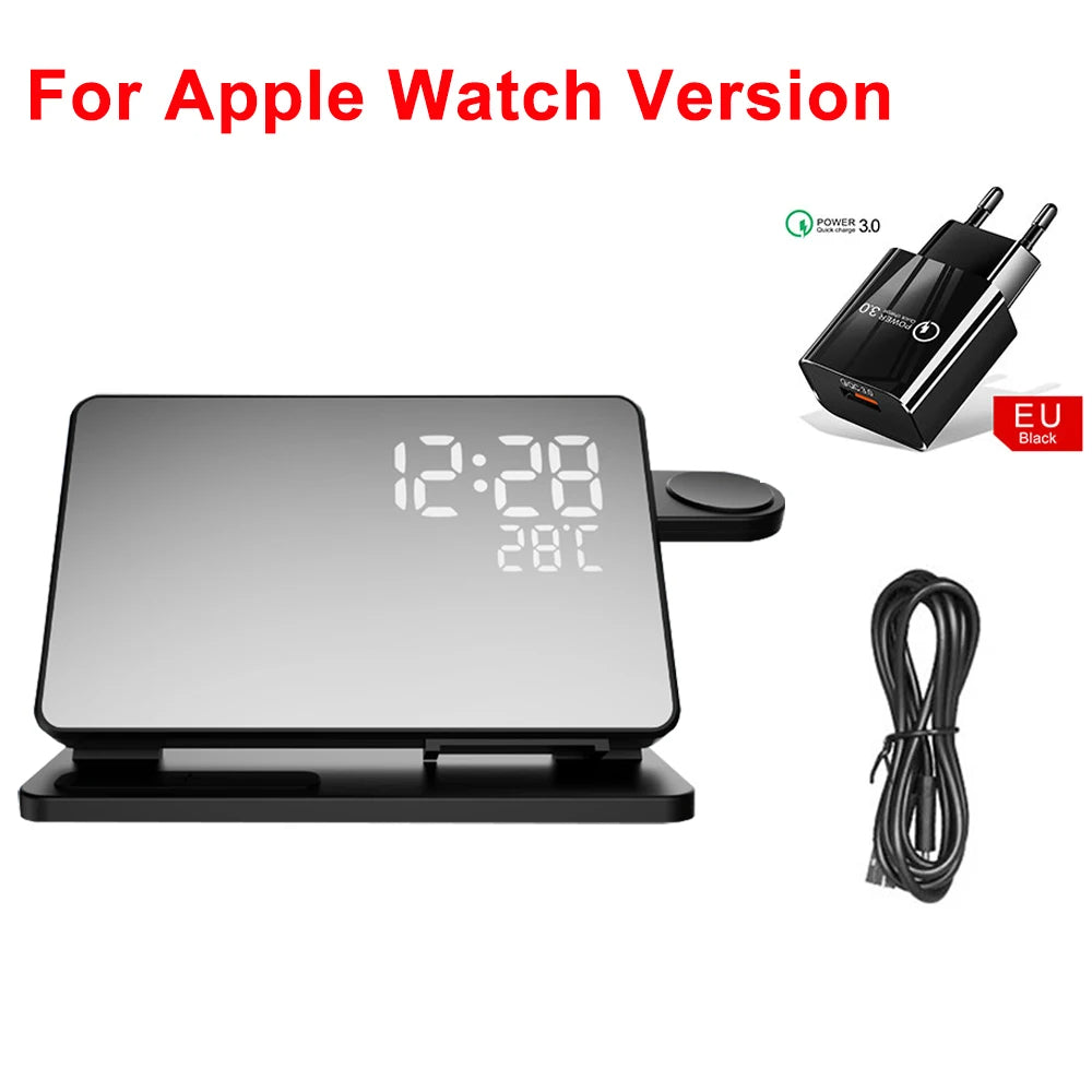 Wireless Charging Station for iPhone, Apple Watch & AirPods with Alarm Clock | 3-in-1 Fast Charging Dock Station | Qi-Certified | Thomler