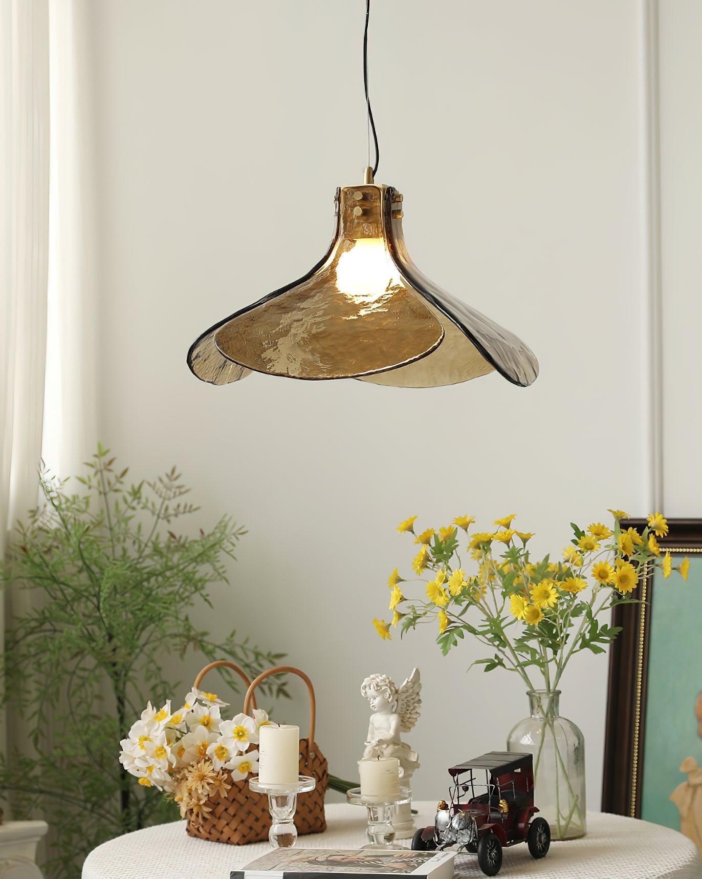 Glass Leaf Ceiling Fixture E27 Bronze Frame Adjustable Drop Cord Ambient Overhead Lighting for Dining Tables Kitchen Counter Modern Home | Thomler