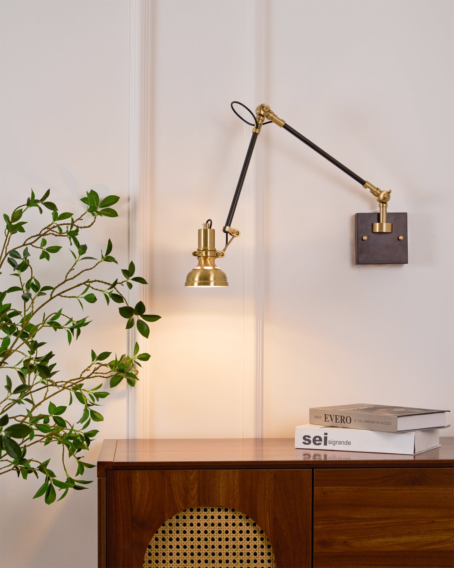 Wall Lamp Wood Brass 27.2 in Adjustable Indoor Reading Light Bedroom Office Swing Arm Fixture | Thomler