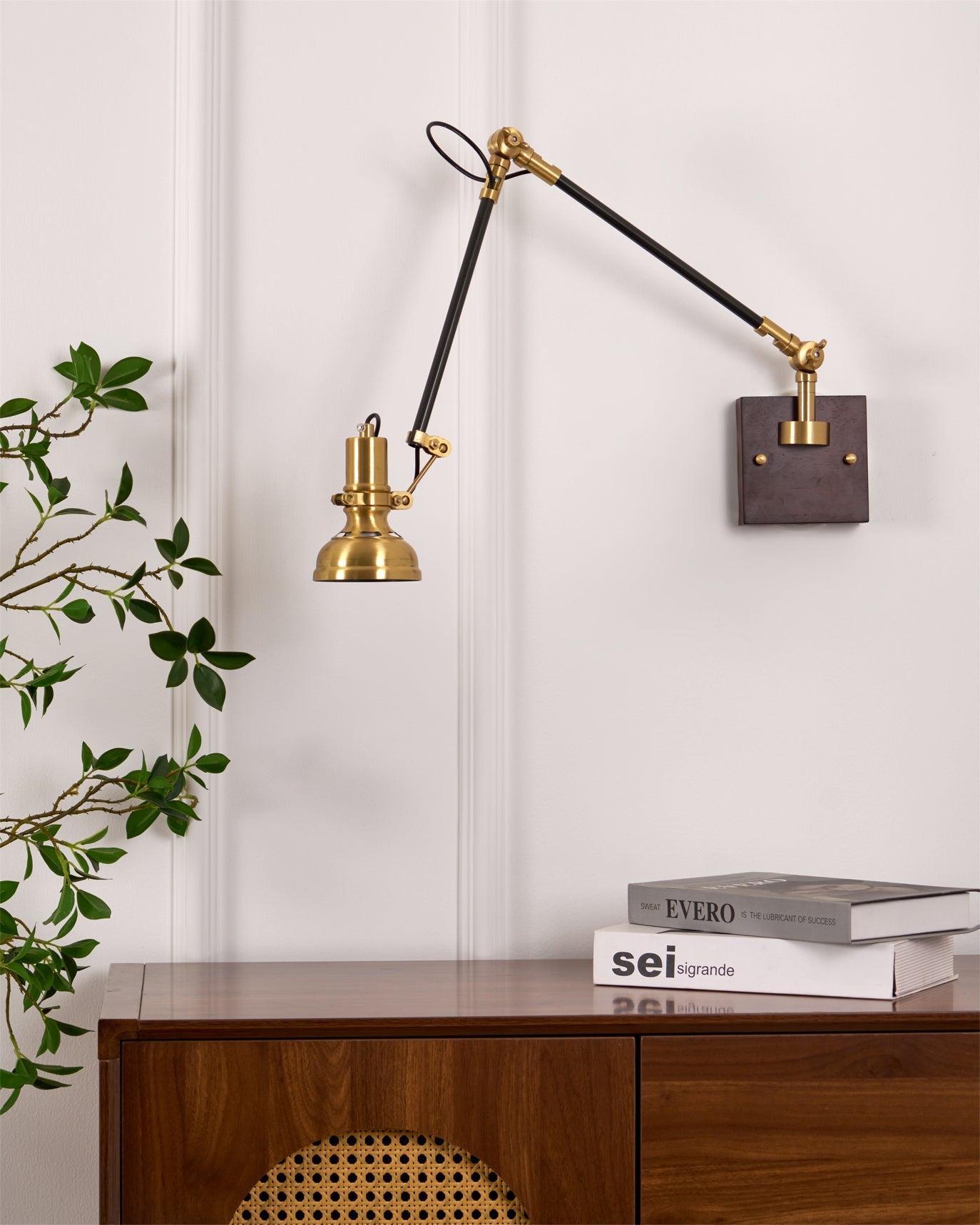 Wall Lamp Wood Brass 27.2 in Adjustable Indoor Reading Light Bedroom Office Swing Arm Fixture | Thomler