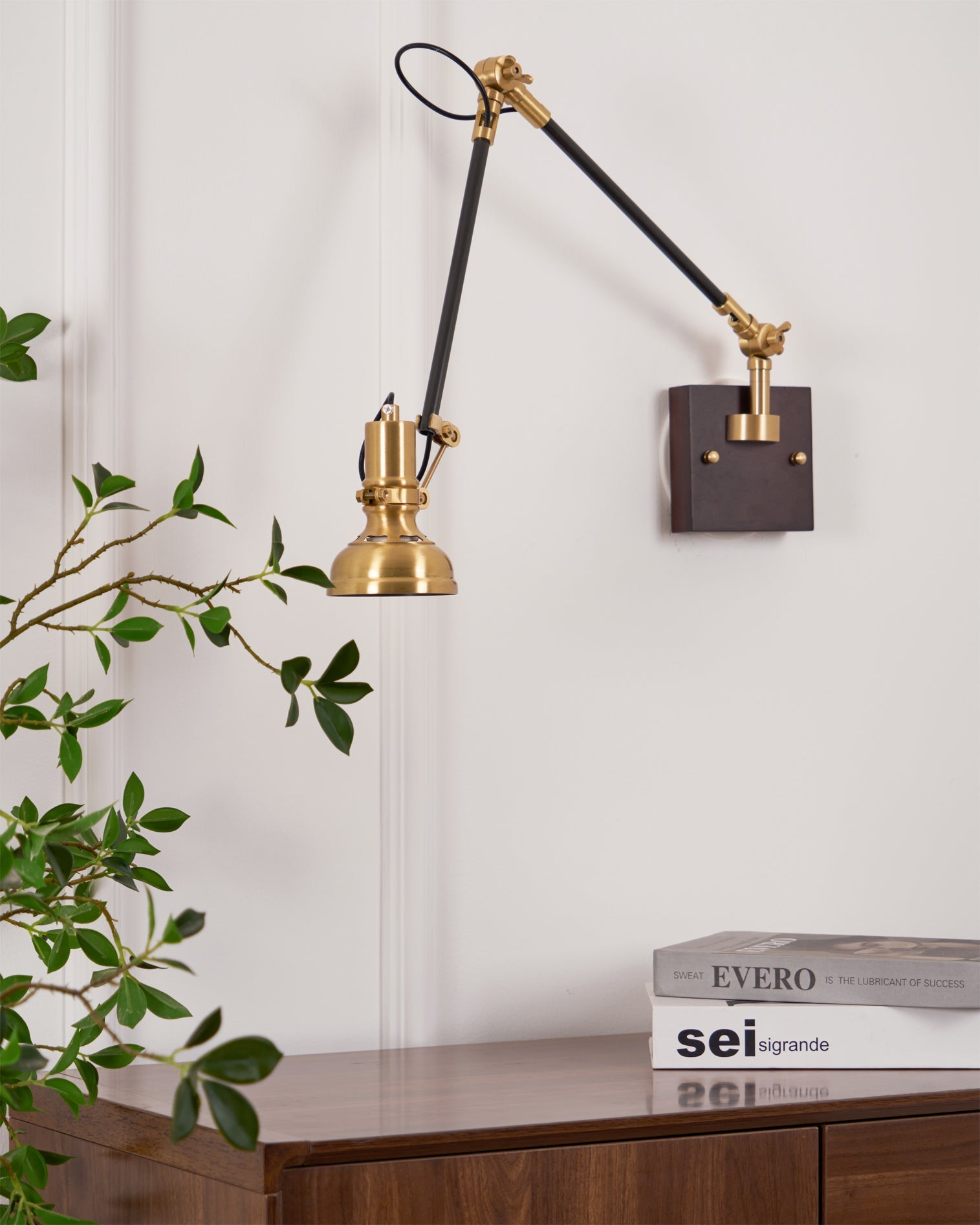 Wall Lamp Wood Brass 27.2 in Adjustable Indoor Reading Light Bedroom Office Swing Arm Fixture | Thomler