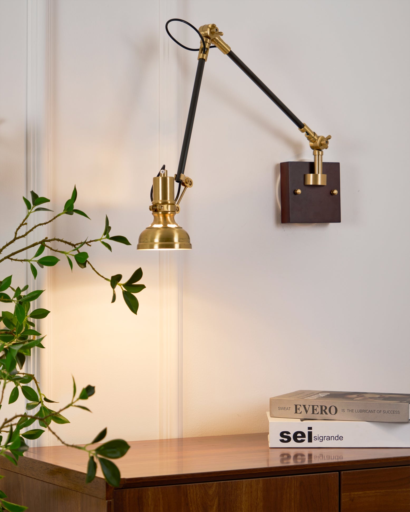 Wall Lamp Wood Brass 27.2 in Adjustable Indoor Reading Light Bedroom Office Swing Arm Fixture | Thomler