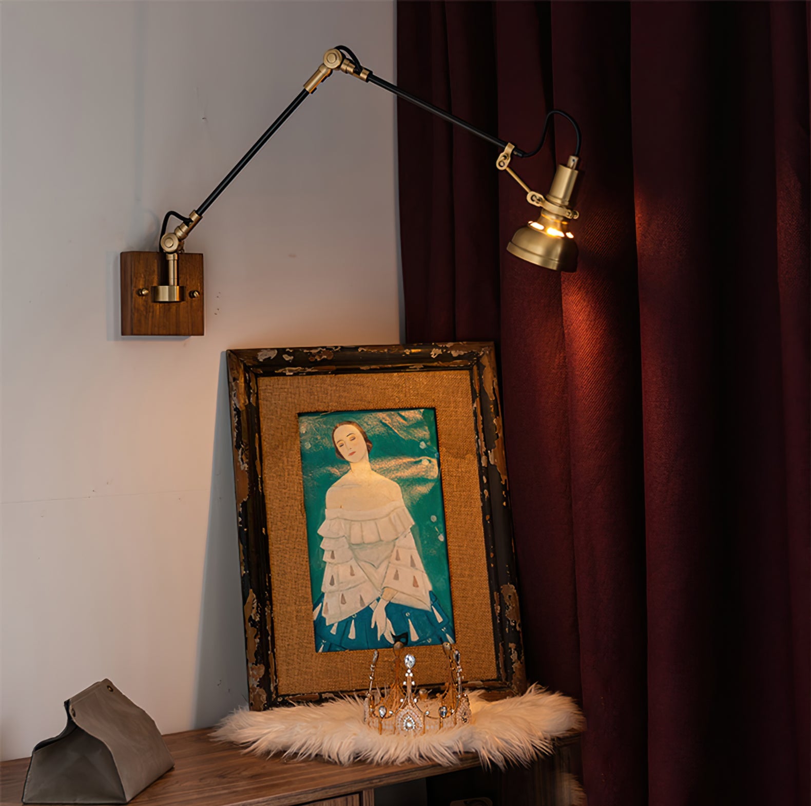 Wall Lamp Wood Brass 27.2 in Adjustable Indoor Reading Light Bedroom Office Swing Arm Fixture | Thomler