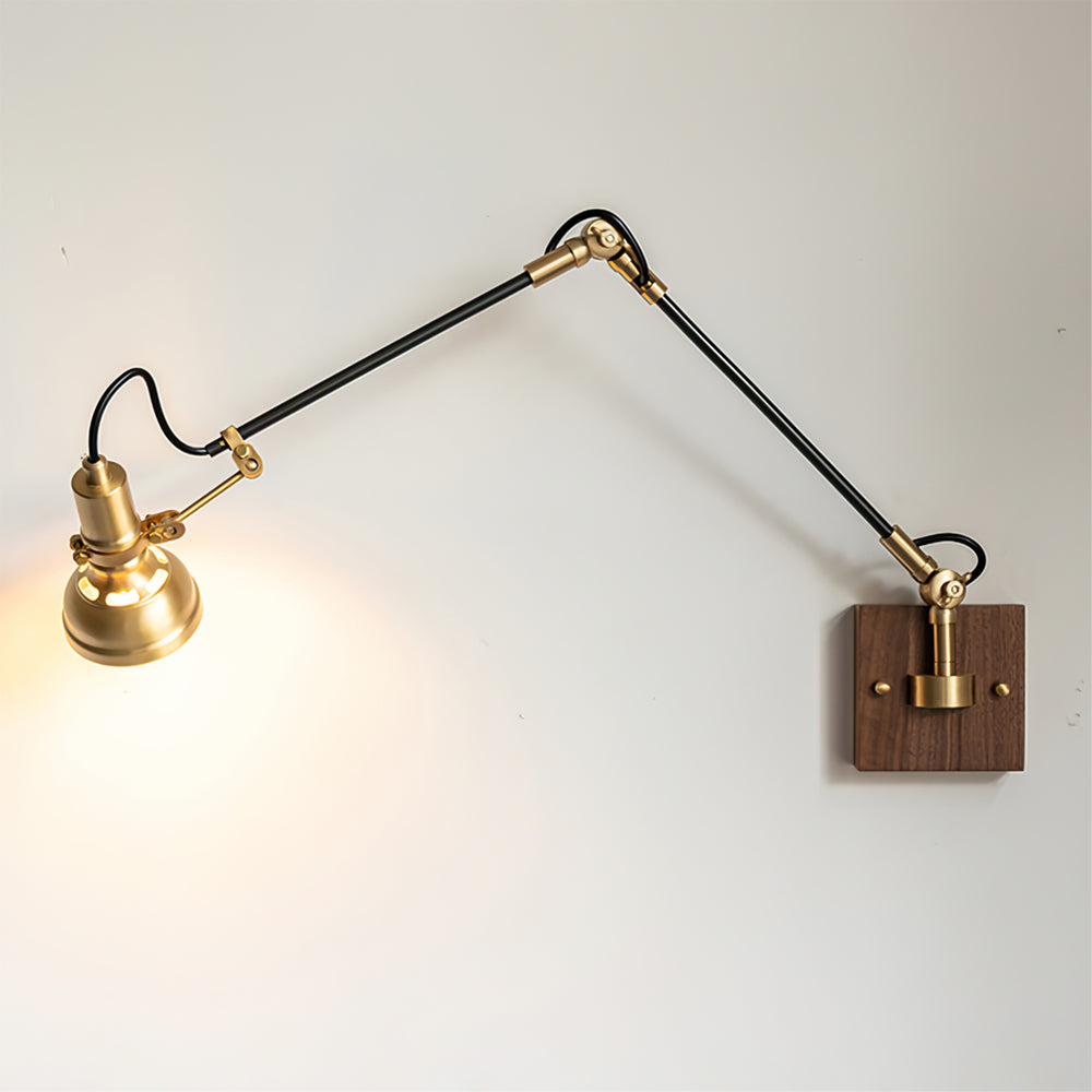 Wall Lamp Wood Brass 27.2 in Adjustable Indoor Reading Light Bedroom Office Swing Arm Fixture | Thomler