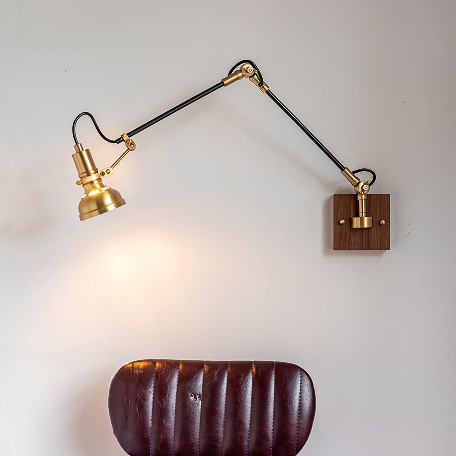 Wall Lamp Wood Brass 27.2 in Adjustable Indoor Reading Light Bedroom Office Swing Arm Fixture | Thomler