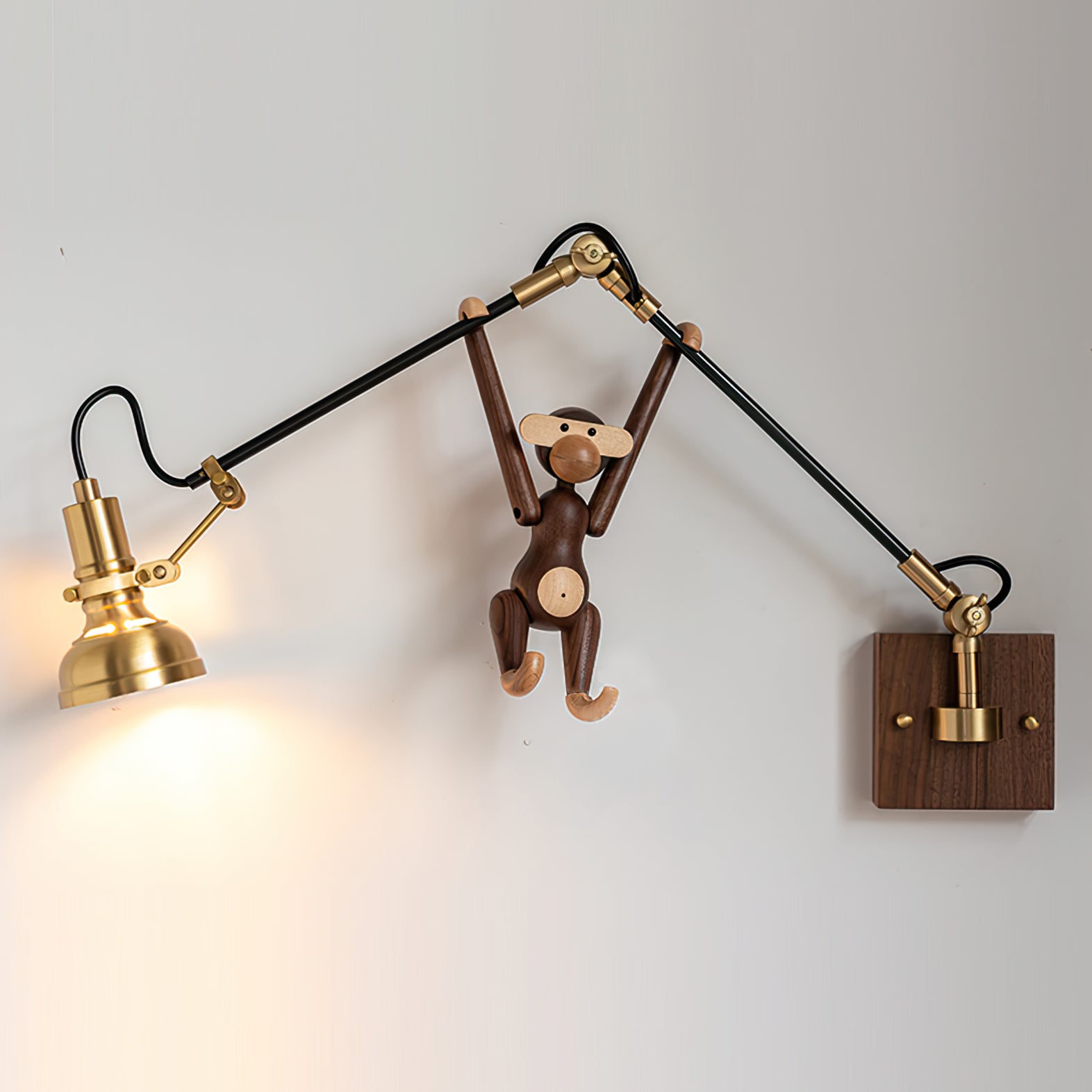 Wall Lamp Wood Brass 27.2 in Adjustable Indoor Reading Light Bedroom Office Swing Arm Fixture | Thomler