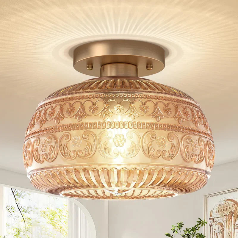 Ceiling Light Glass 9 in Semi Flush Mount Amber Clear Green Living Room Bedroom Hallway Lighting Fixture | Thomler