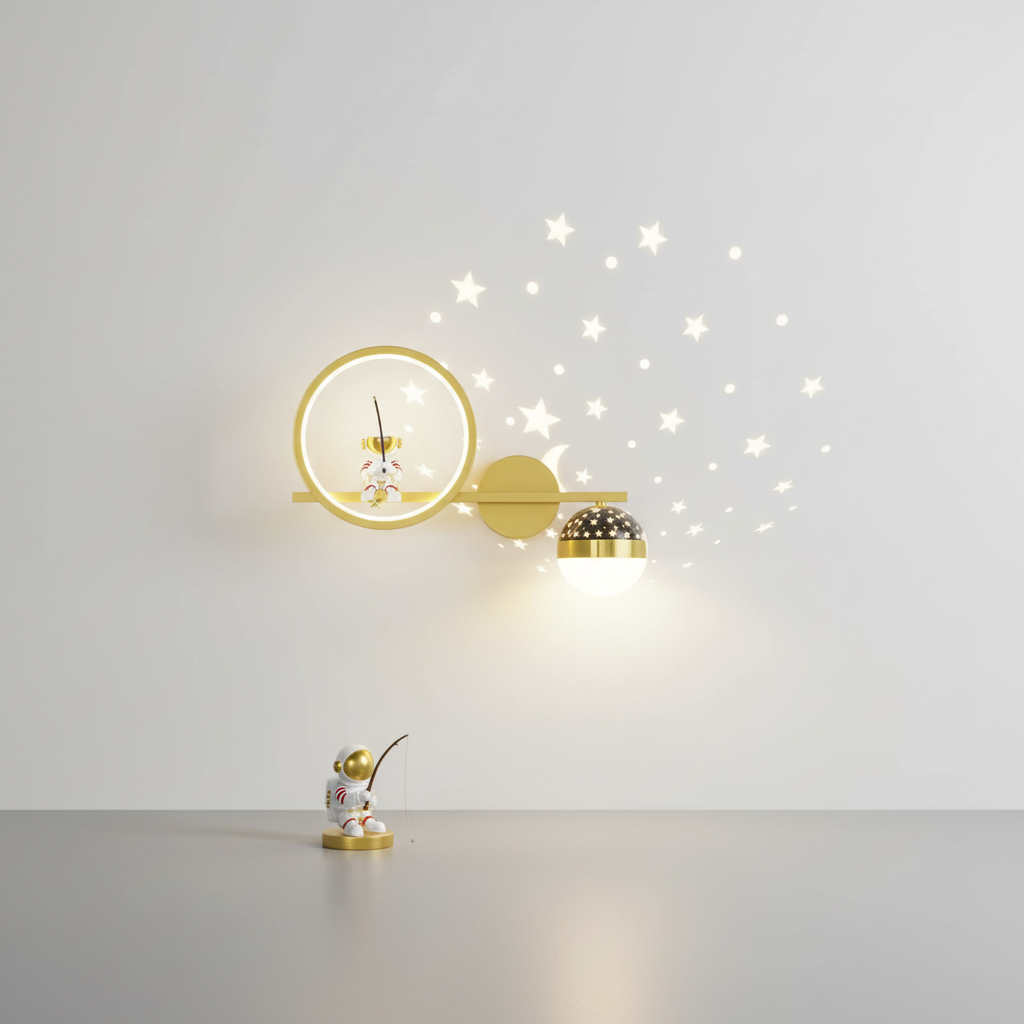 Wall Lamp Metal LED Warm White Gold Astronaut Nursery Bedroom Space Theme Lighting | Thomler