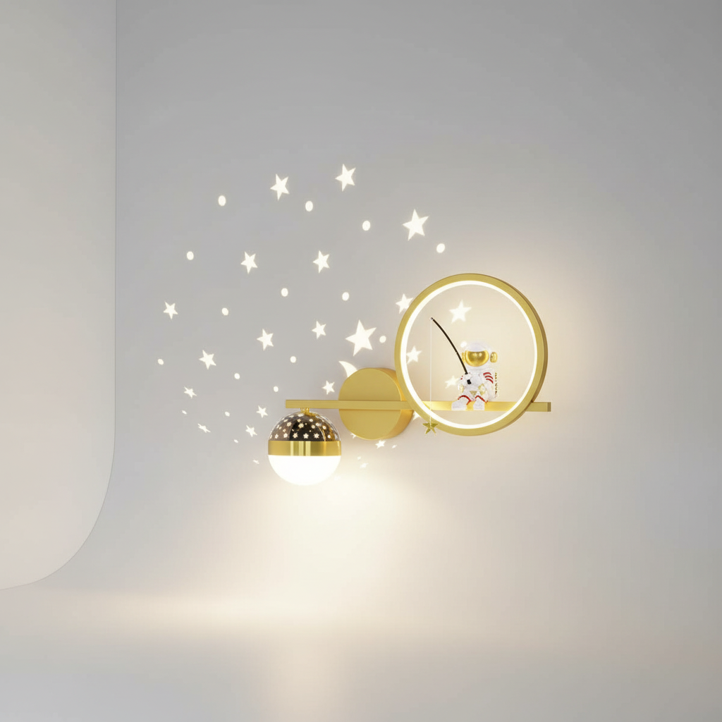 Wall Lamp Metal LED Warm White Gold Astronaut Nursery Bedroom Space Theme Lighting | Thomler