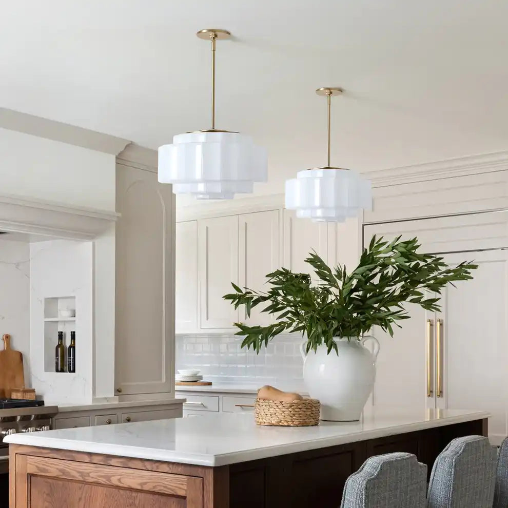 Pendant Light Opal Glass 16 in Antique Brass Dining Room Living Room Hanging Ceiling Lamp | Thomler
