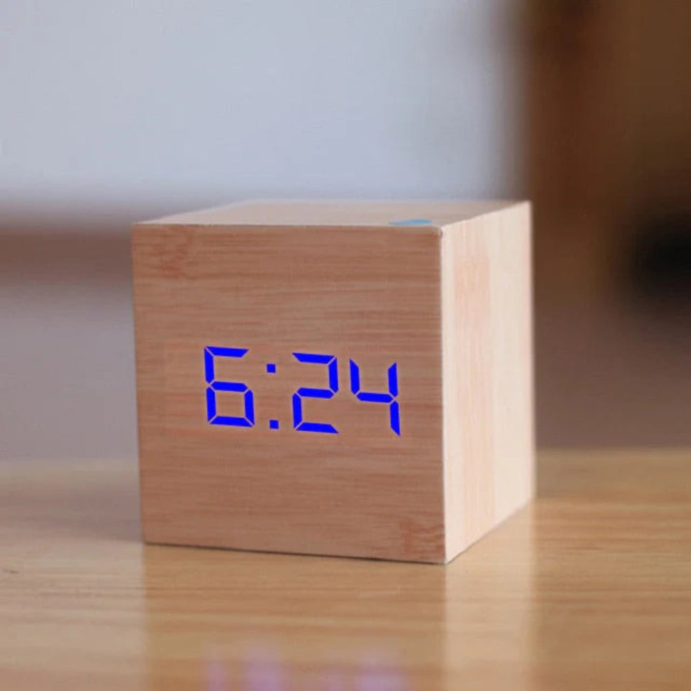 Cube LED Alarm Clock — Wood-Grain Digital Display with Temperature & Date, Auto-Dim Night Mode for Bedroom, Office & Kitchen | Thomler