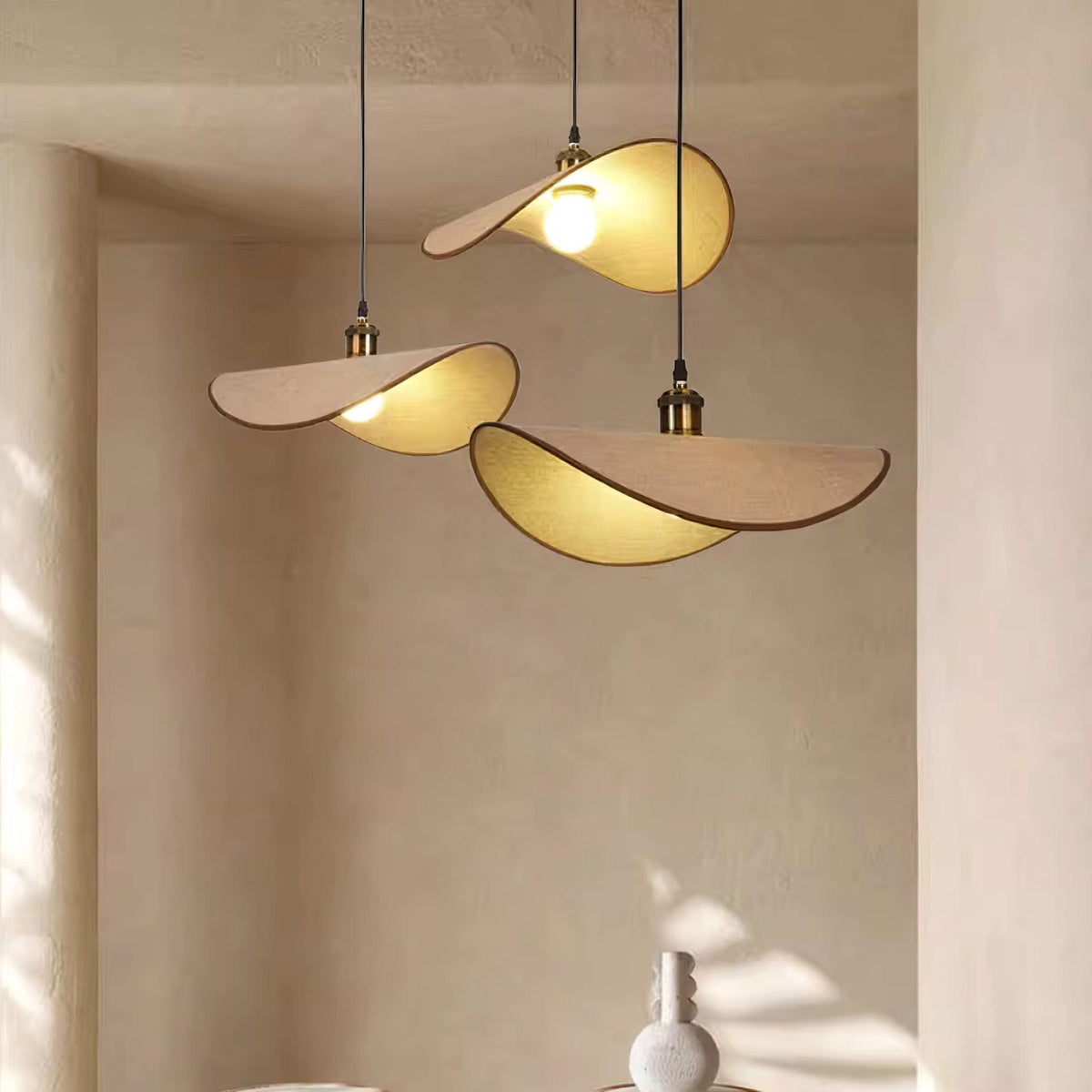 Natural Linen Ceiling Light with Wooden Accent – Contemporary Drum Pendant for Dining Room & Kitchen Island | Thomler