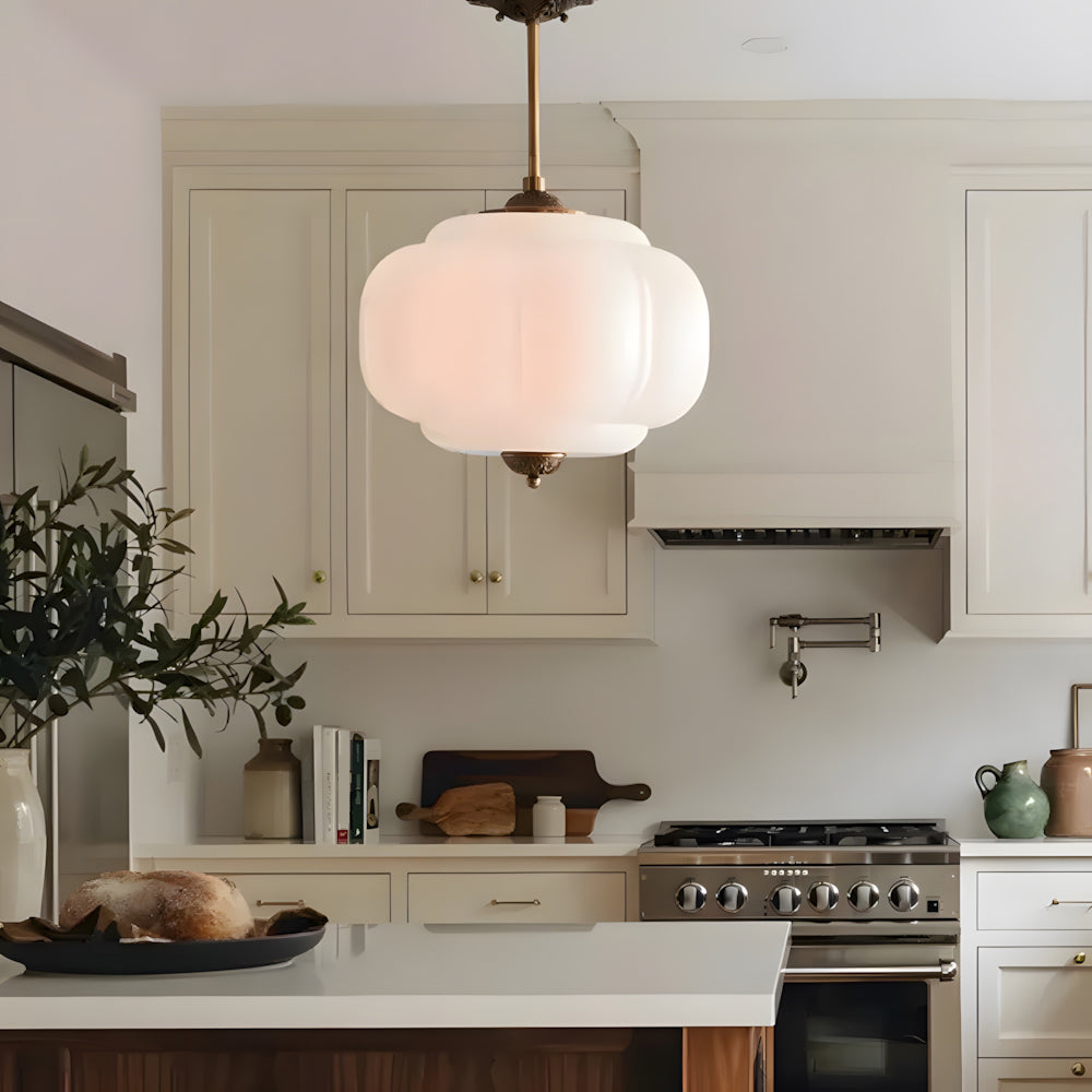 Pendant Light Glass Pumpkin Shade 38.0 cm Amber Vintage Brass Dining Room Bedroom Hanging Ceiling Lamp | Thomler
