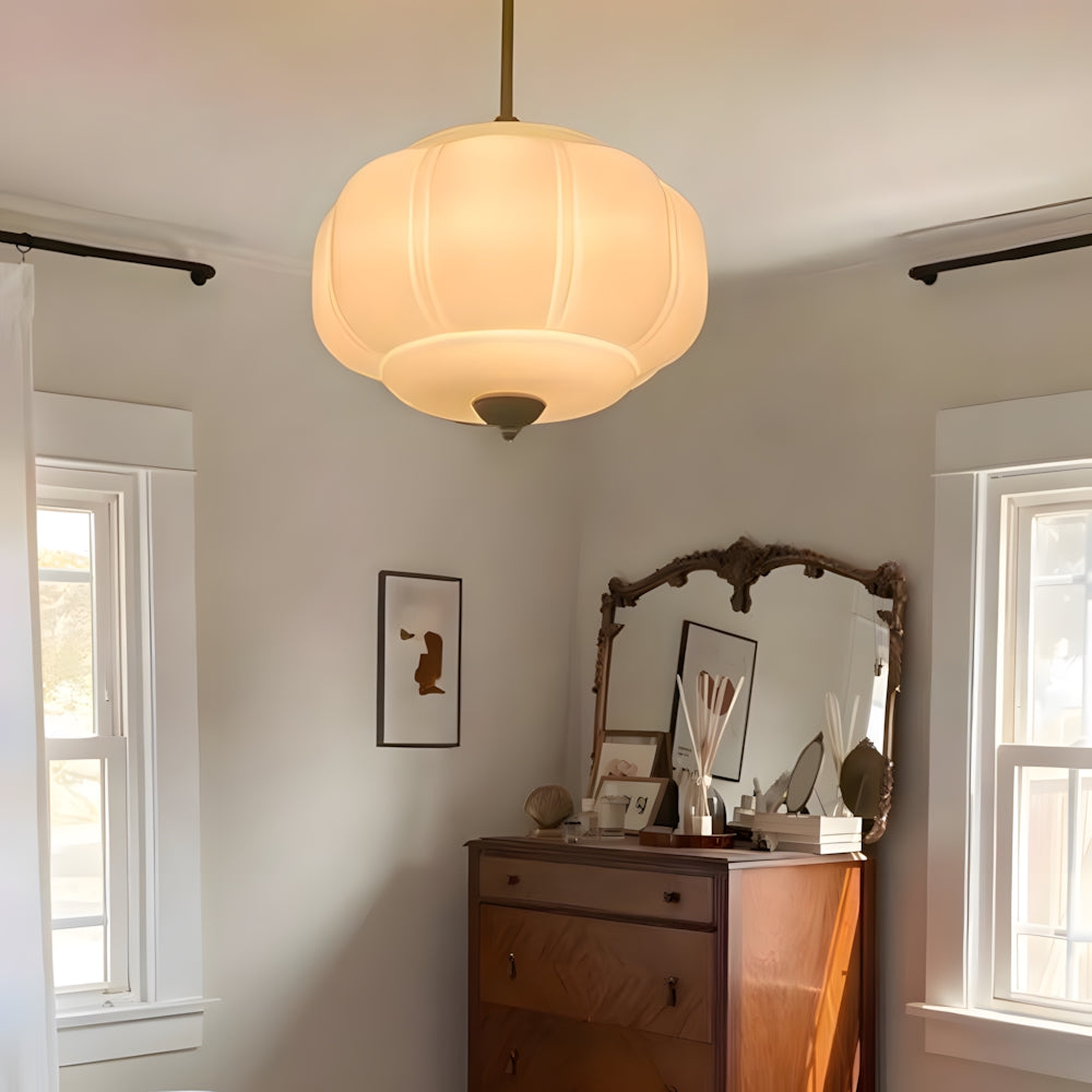 Pendant Light Glass Pumpkin Shade 38.0 cm Amber Vintage Brass Dining Room Bedroom Hanging Ceiling Lamp | Thomler