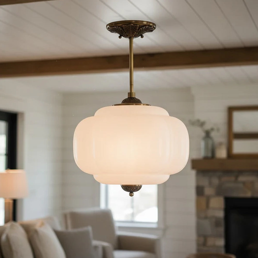 Pendant Light Glass Pumpkin Shade 38.0 cm Amber Vintage Brass Dining Room Bedroom Hanging Ceiling Lamp | Thomler