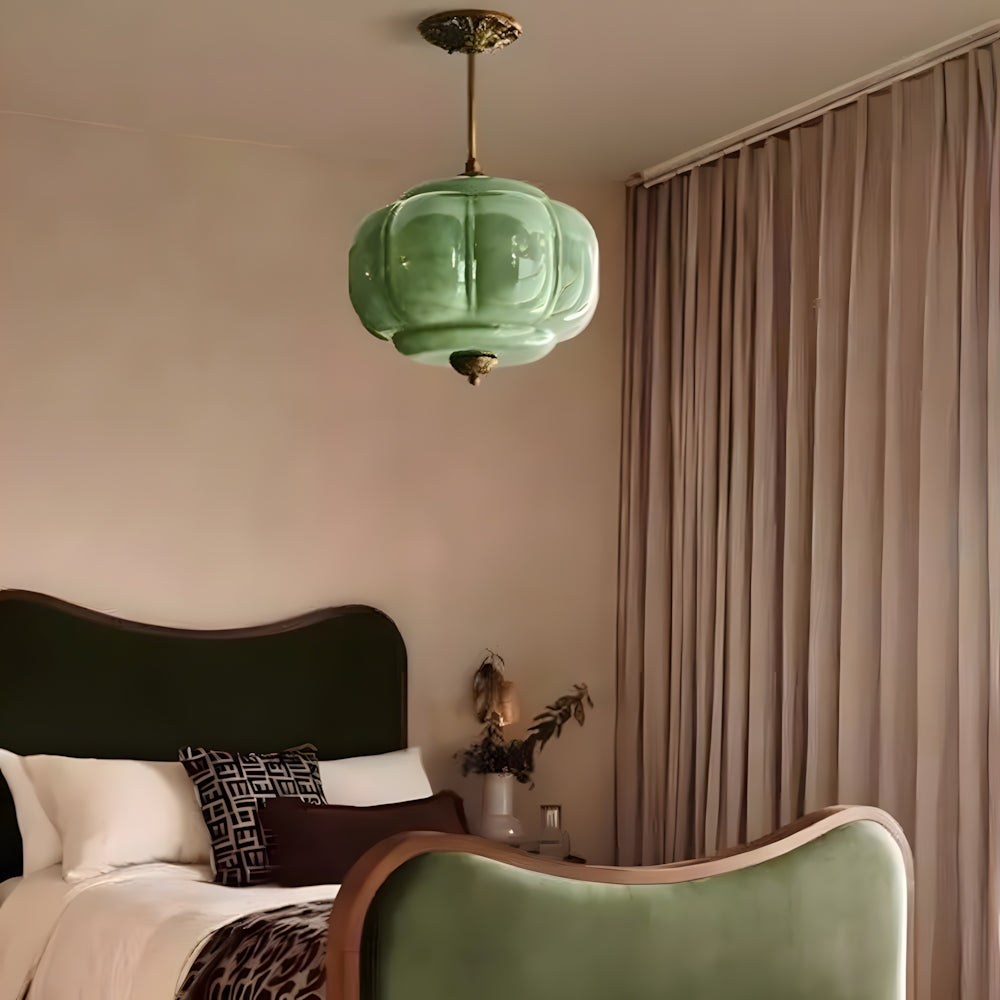 Pendant Light Glass Pumpkin Shade 38.0 cm Amber Vintage Brass Dining Room Bedroom Hanging Ceiling Lamp | Thomler