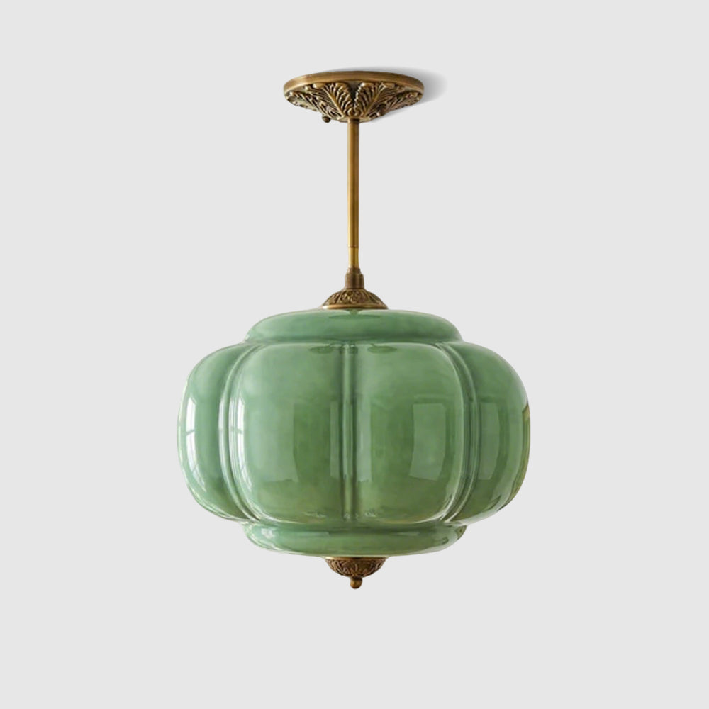 Pendant Light Glass Pumpkin Shade 38.0 cm Amber Vintage Brass Dining Room Bedroom Hanging Ceiling Lamp | Thomler