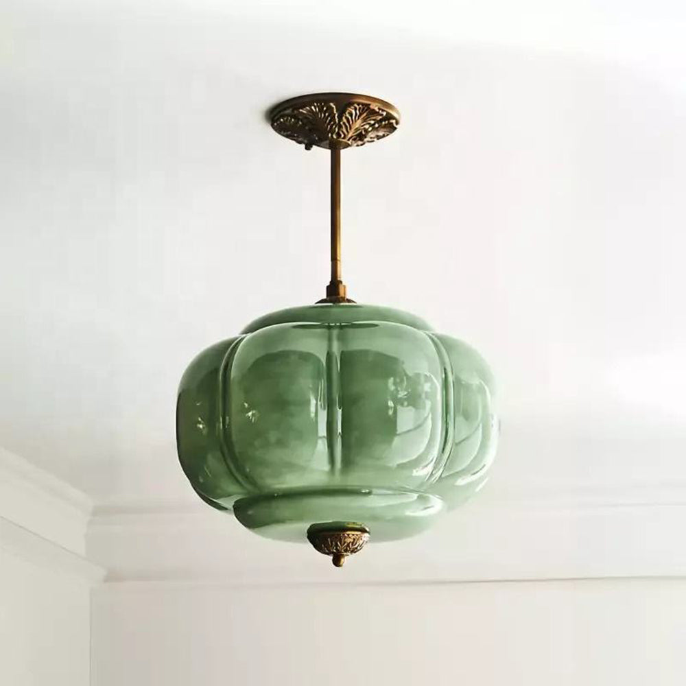Pendant Light Glass Pumpkin Shade 38.0 cm Amber Vintage Brass Dining Room Bedroom Hanging Ceiling Lamp | Thomler
