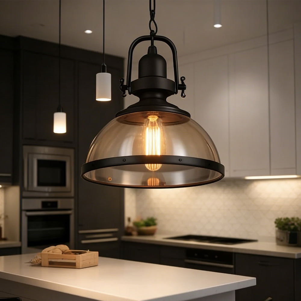 Pendant Light Glass Dome 31.0 cm Black Dining Room Kitchen Island Vintage Industrial Hanging Ceiling Lamp | Thomler