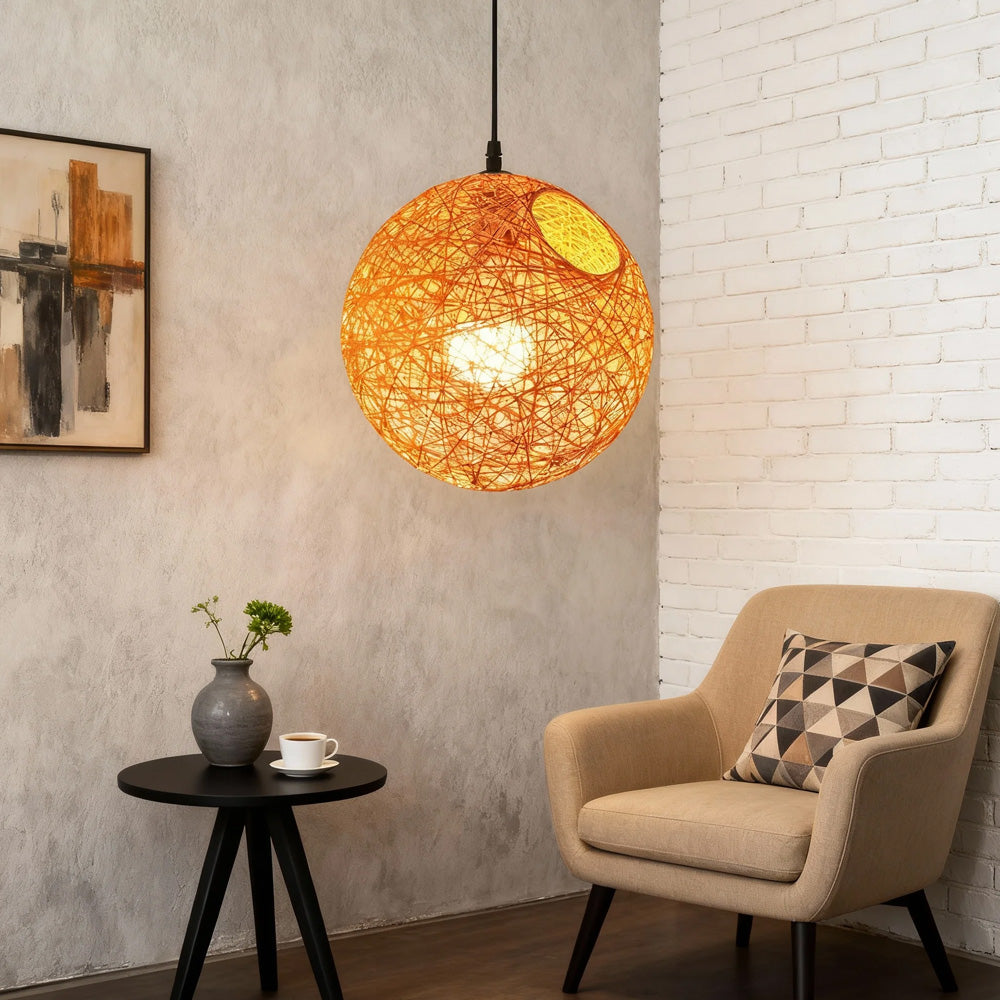 Pendant Light Rattan 15.8 in Indoor Dining Room Living Room Hanging Ceiling Lamp Soft Glow Decorative Accent | Thomler