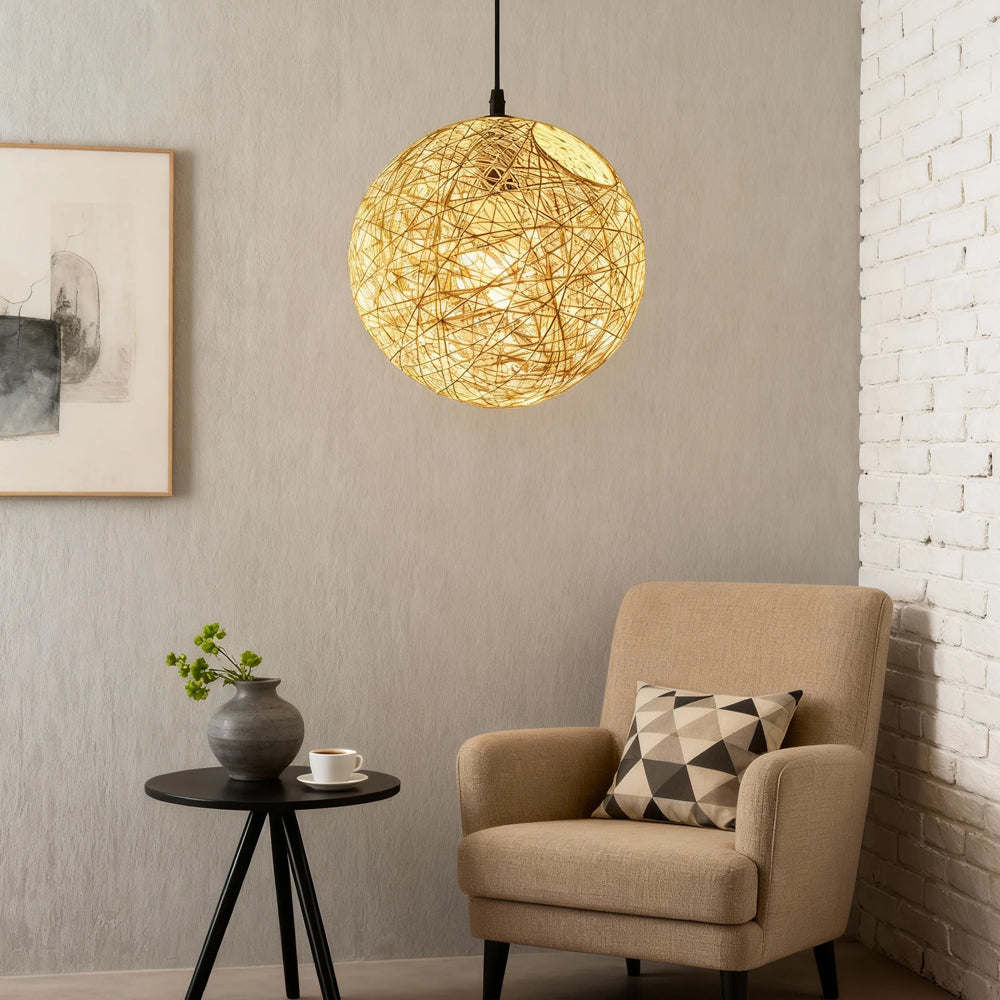 Pendant Light Rattan 15.8 in Indoor Dining Room Living Room Hanging Ceiling Lamp Soft Glow Decorative Accent | Thomler