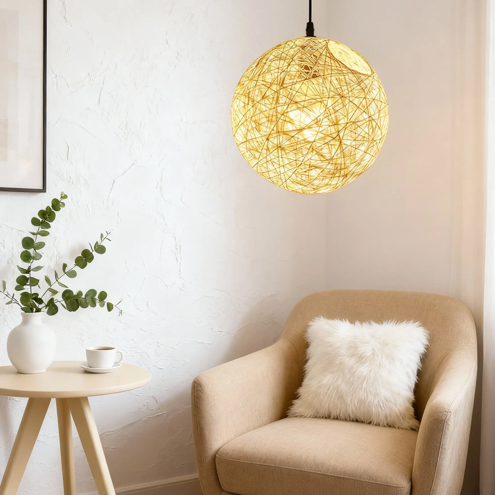 Pendant Light Rattan 15.8 in Indoor Dining Room Living Room Hanging Ceiling Lamp Soft Glow Decorative Accent | Thomler