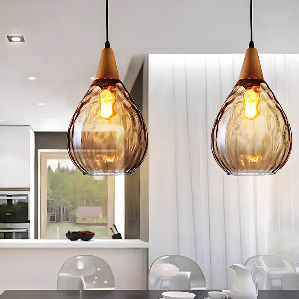 Pendant Light Glass Wood 12 in Warm Glow Indoor Dining Room Living Room Hanging Ceiling Lamp | Thomler