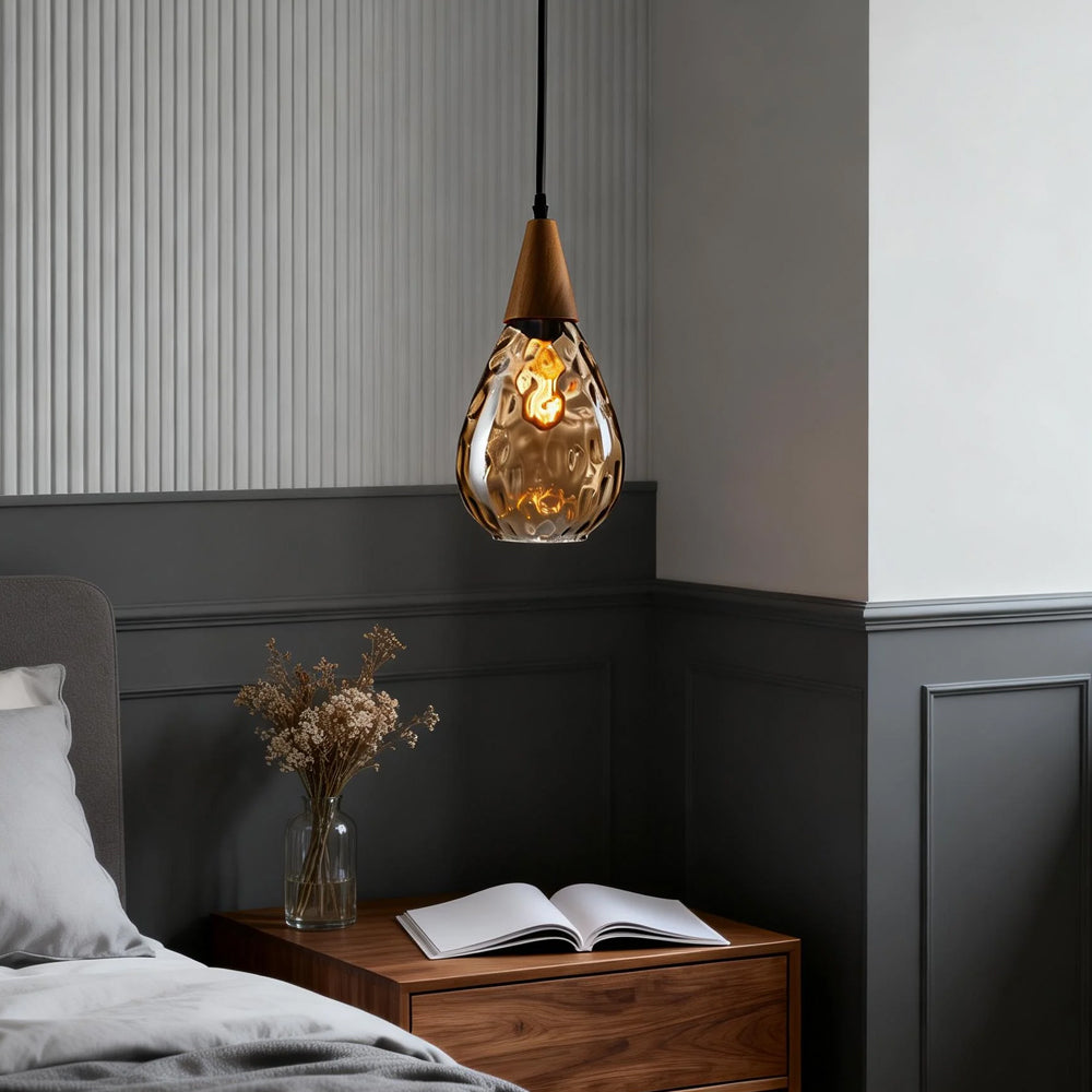 Pendant Light Glass Wood 12 in Warm Glow Indoor Dining Room Living Room Hanging Ceiling Lamp | Thomler
