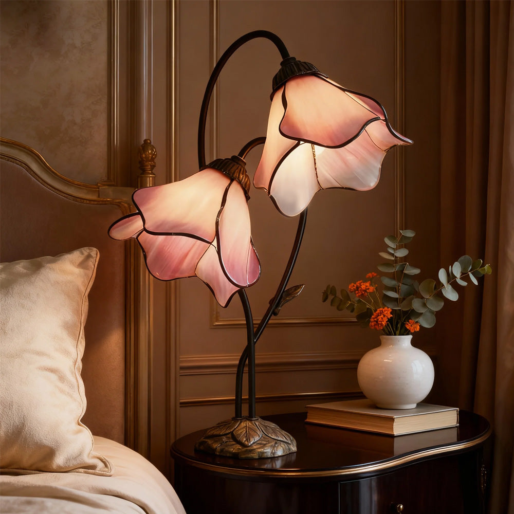Table Lamp Metal Glass Resin 22.4 in Twin Flower Design Indoor Desk Reading Light Vintage Style | Thomler