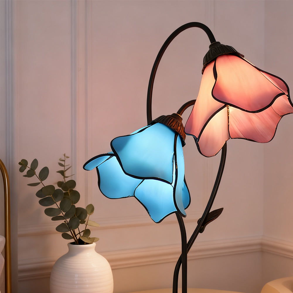 Table Lamp Metal Glass Resin 22.4 in Twin Flower Design Indoor Desk Reading Light Vintage Style | Thomler