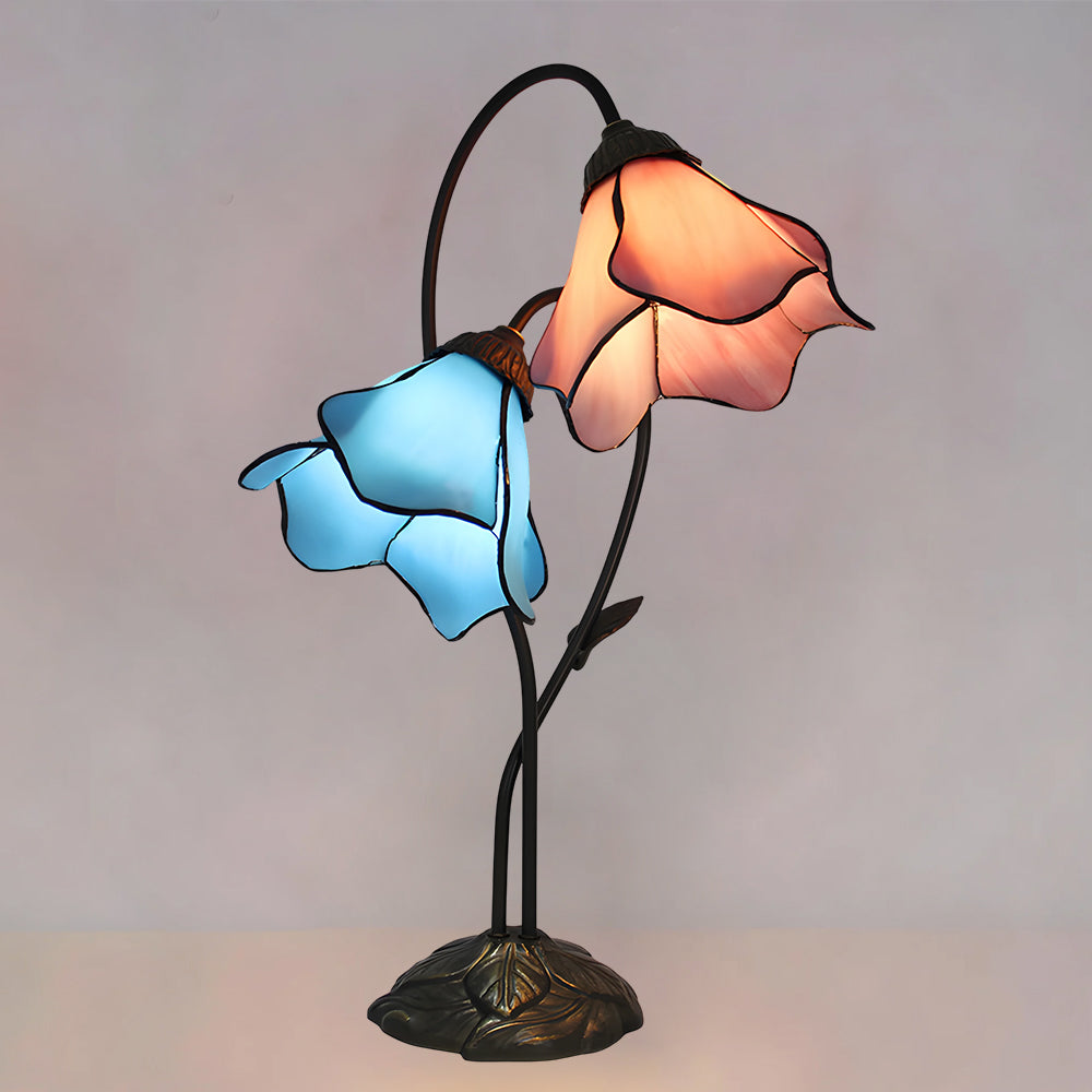 Table Lamp Metal Glass Resin 22.4 in Twin Flower Design Indoor Desk Reading Light Vintage Style | Thomler