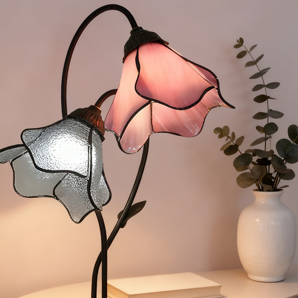 Table Lamp Metal Glass Resin 22.4 in Twin Flower Design Indoor Desk Reading Light Vintage Style | Thomler