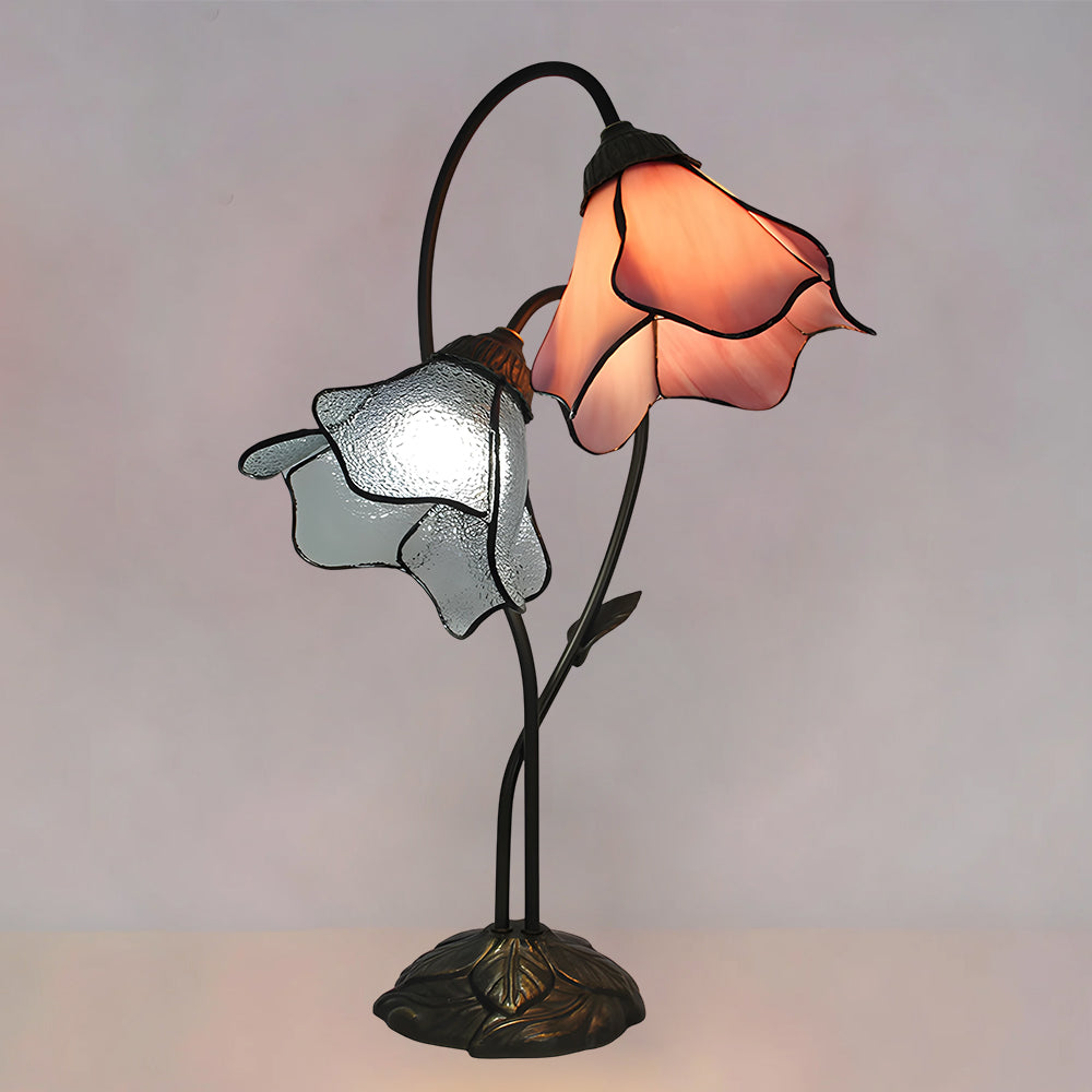 Table Lamp Metal Glass Resin 22.4 in Twin Flower Design Indoor Desk Reading Light Vintage Style | Thomler