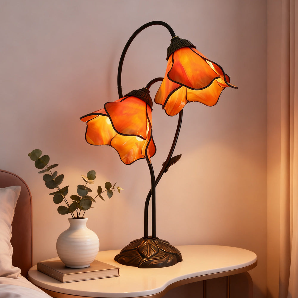 Table Lamp Metal Glass Resin 22.4 in Twin Flower Design Indoor Desk Reading Light Vintage Style | Thomler