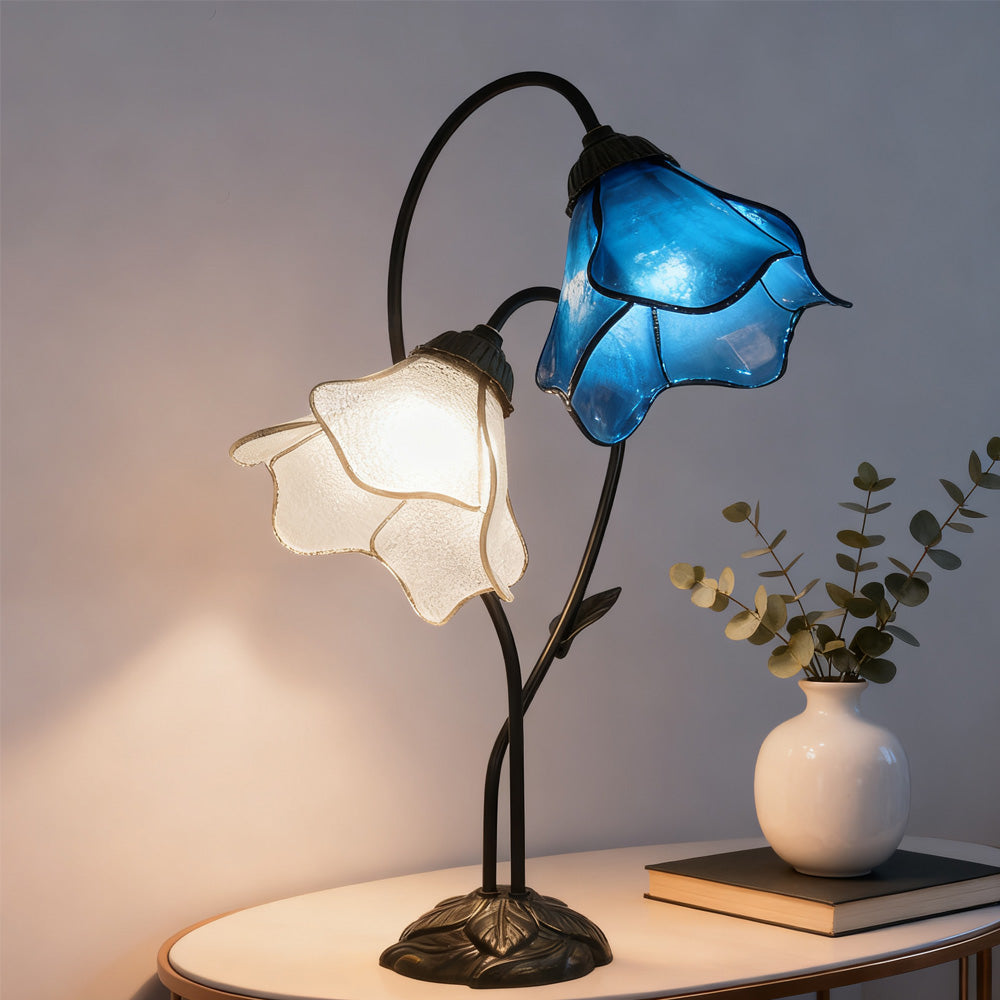Table Lamp Metal Glass Resin 22.4 in Twin Flower Design Indoor Desk Reading Light Vintage Style | Thomler