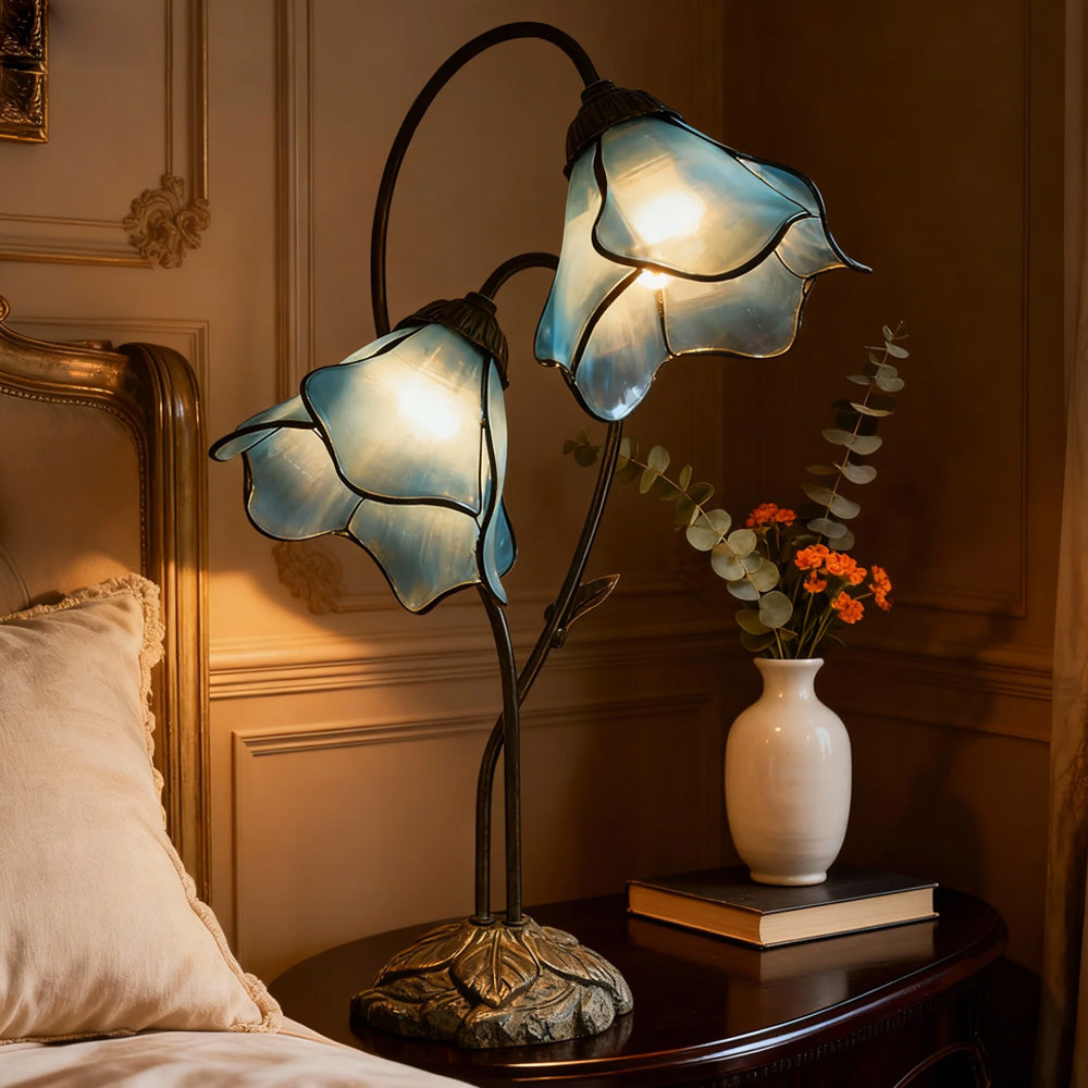 Table Lamp Metal Glass Resin 22.4 in Twin Flower Design Indoor Desk Reading Light Vintage Style | Thomler