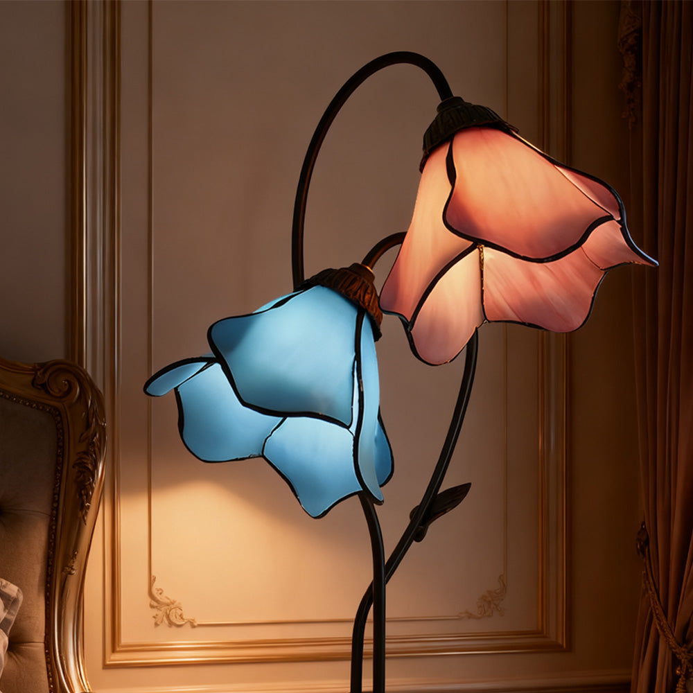 Table Lamp Metal Glass Resin 22.4 in Twin Flower Design Indoor Desk Reading Light Vintage Style | Thomler