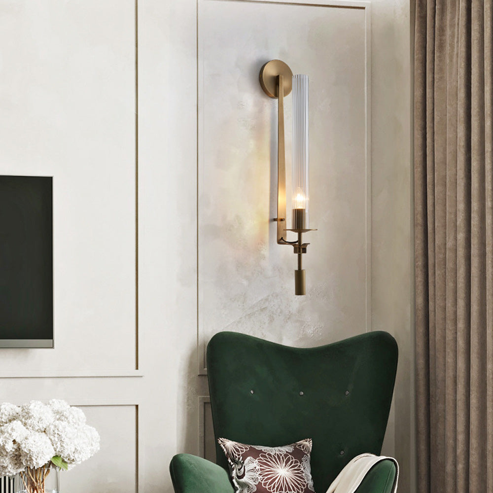 Wall Light Brass 28 in Indoor Candlelight Effect 6.3 in Glass Cylinder Bedroom Dining Living Room Accent Lighting | Thomler