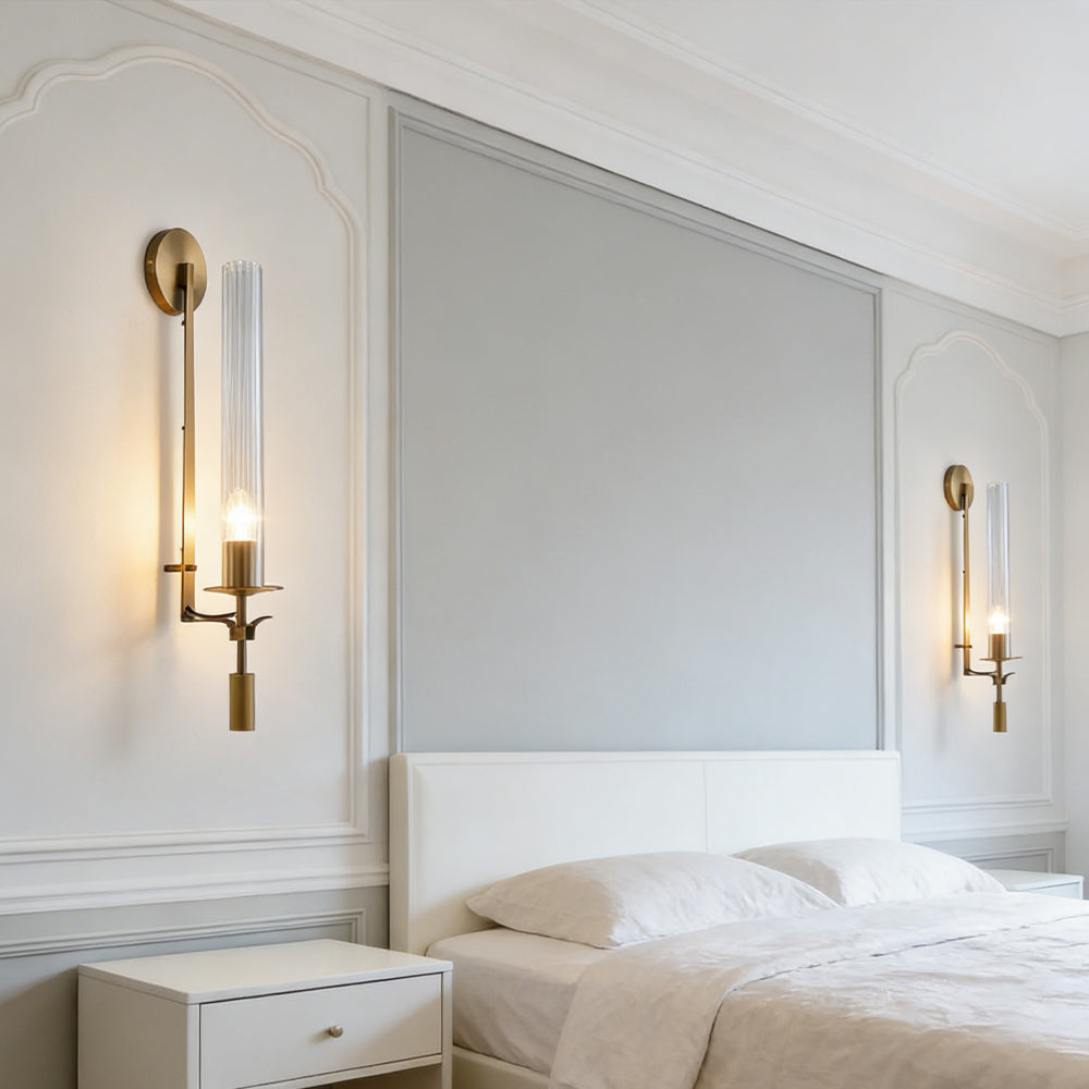 Wall Light Brass 28 in Indoor Candlelight Effect 6.3 in Glass Cylinder Bedroom Dining Living Room Accent Lighting | Thomler