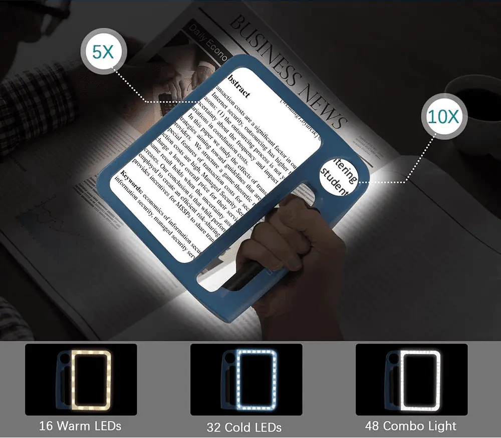 Illuminated Handheld Magnifier with 48 LED Lights – 5X & 10X Dual Lens for Small Print, Documents & Hobbies | Thomler