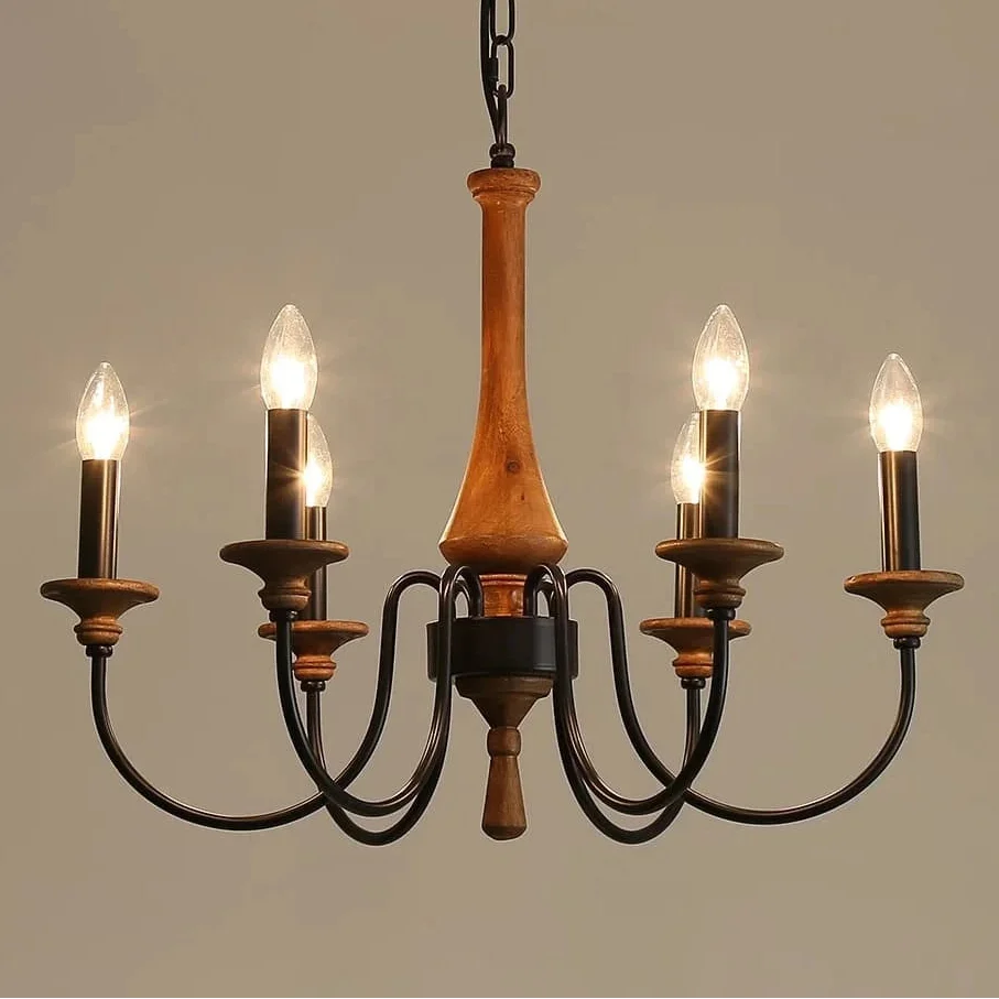 Carved Timber Column Chandelier with Candelabra Arms – 5 to 8 Lights for Farmhouse Dining Room or Entryway | Thomler