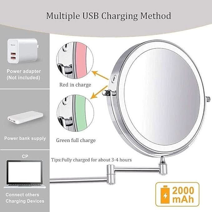 Mirror LED Magnifying 20.0 cm Rechargeable Dimmable Bathroom Makeup Vanity Cosmetic Wall Mirror | Thomler