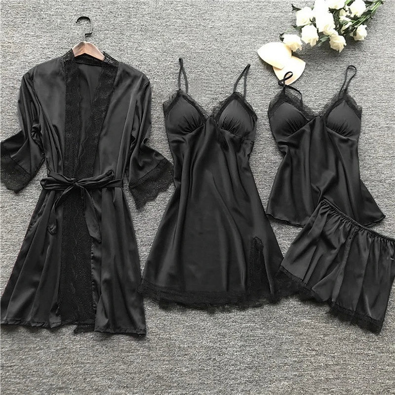 Women's Satin Pajama Set 4-Piece Robe Cami Shorts & Pants with Lace Trim for Bedroom Loungewear Sleepwear Nightwear Gift | Thomler