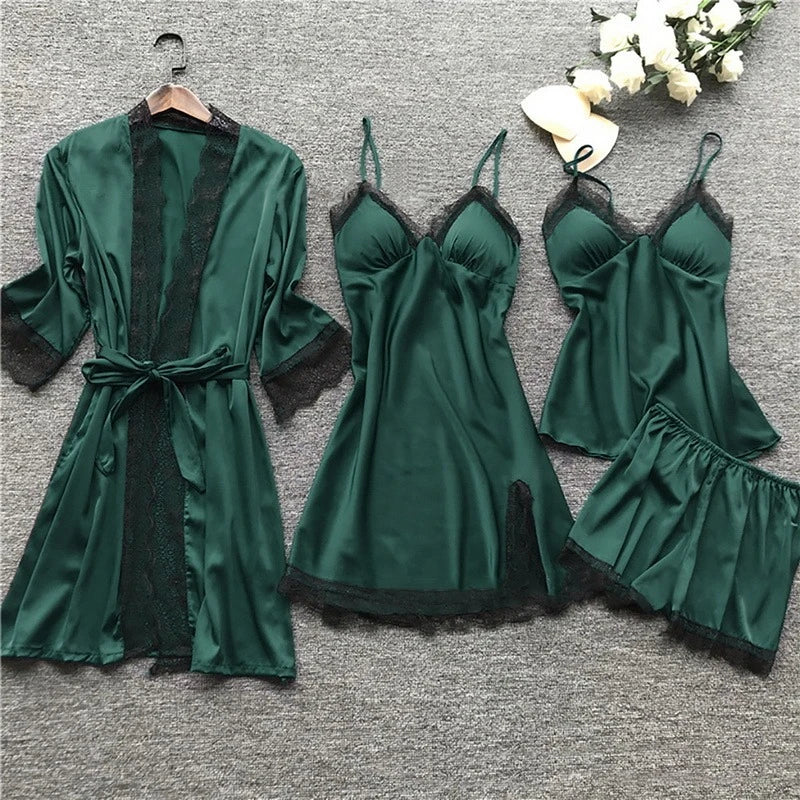 Women's Satin Pajama Set 4-Piece Robe Cami Shorts & Pants with Lace Trim for Bedroom Loungewear Sleepwear Nightwear Gift | Thomler