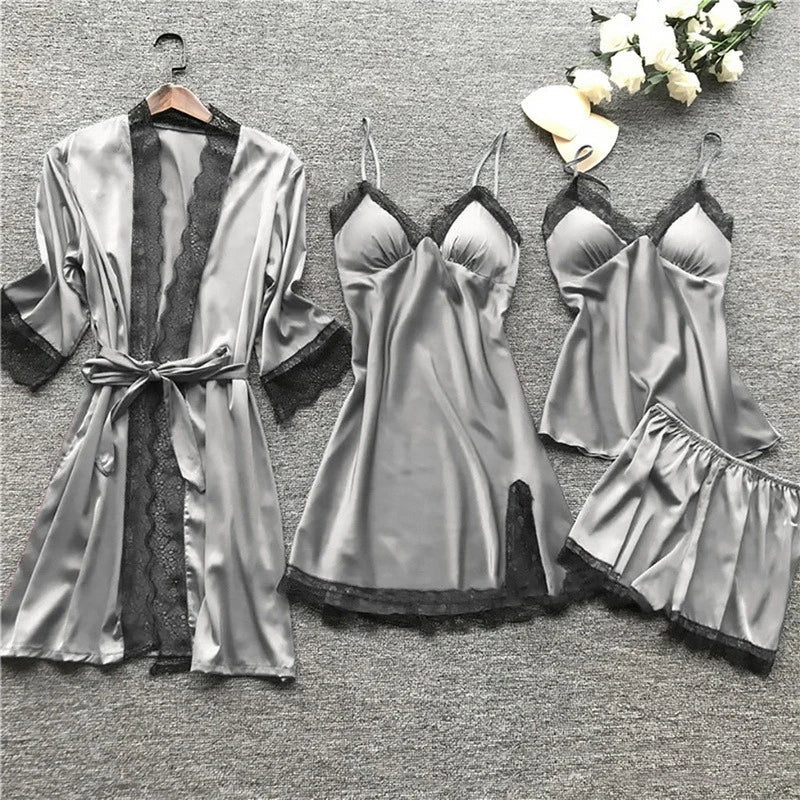 Women's Satin Pajama Set 4-Piece Robe Cami Shorts & Pants with Lace Trim for Bedroom Loungewear Sleepwear Nightwear Gift | Thomler