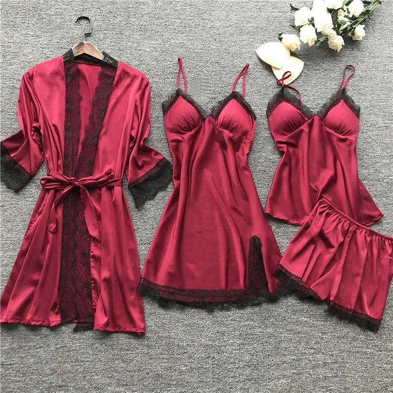 Women's Satin Pajama Set 4-Piece Robe Cami Shorts & Pants with Lace Trim for Bedroom Loungewear Sleepwear Nightwear Gift | Thomler